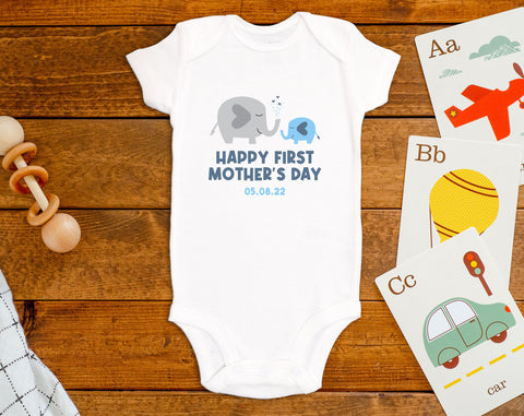Happy First Mother’s Day Onesie©/Bodysuit - Blue Elephant and Date