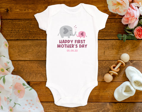Happy First Mother’s Day Onesie©/Bodysuit - Pink Elephant and Date
