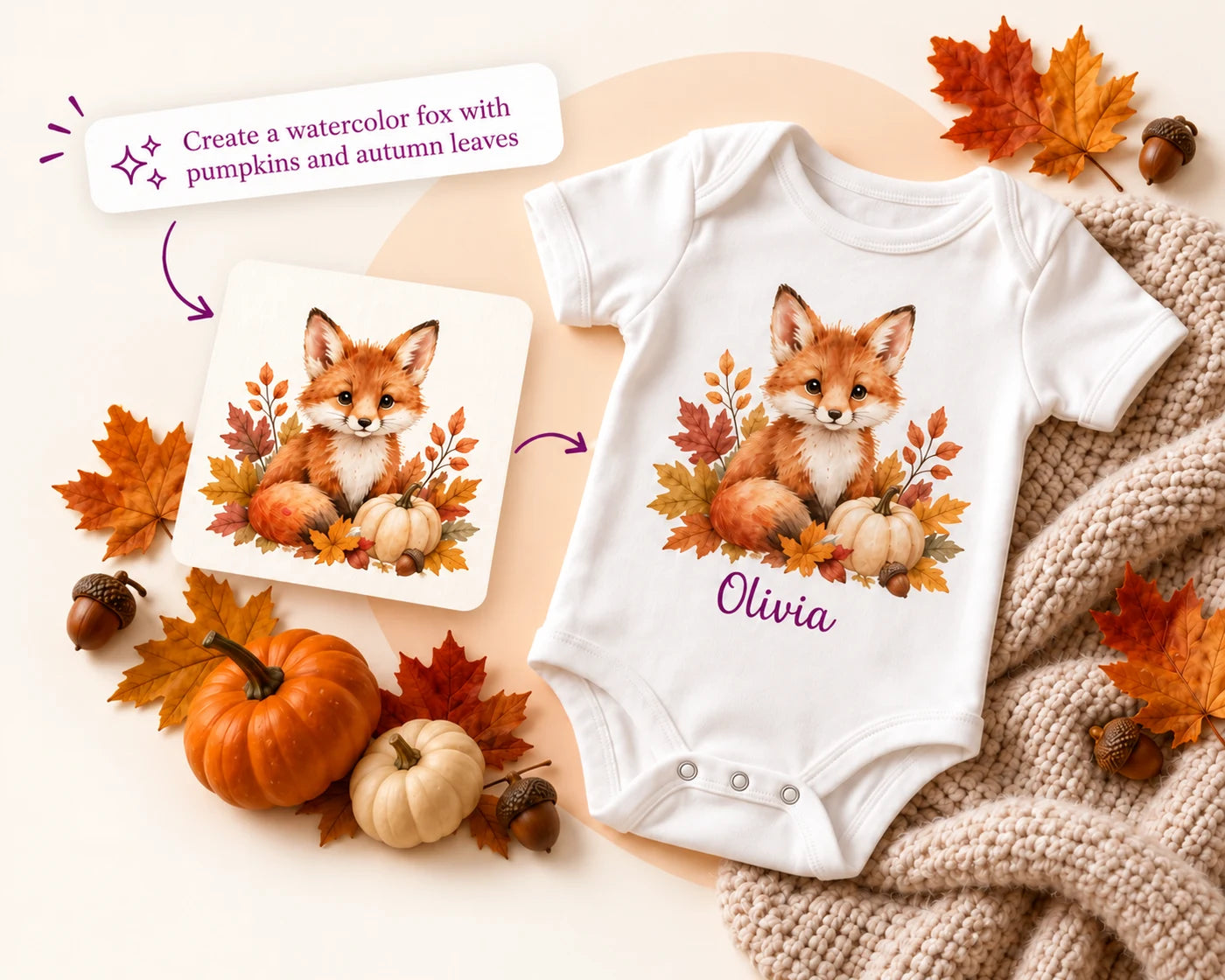 A prompt for a watercolor fox with pumpkins and autumn leaves becomes artwork, then a personalized Olivia onesie.