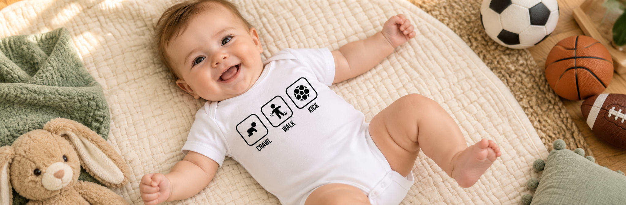 A smiling baby in a white Crawl Walk Kick onesie with sports balls in the background