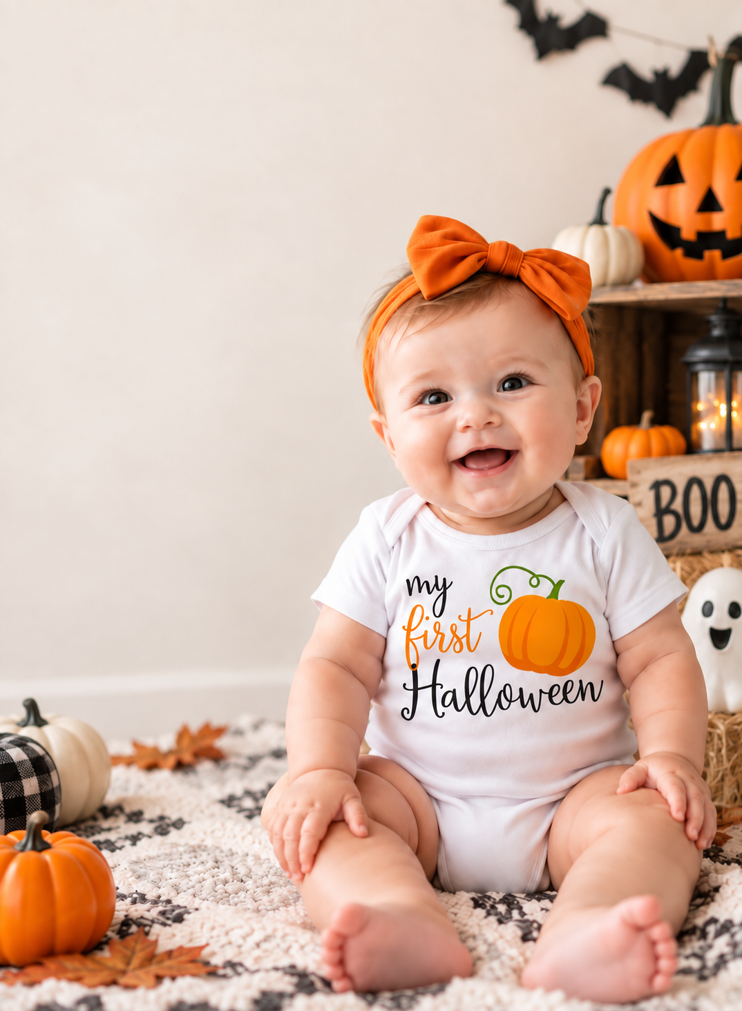 Smiling baby wearing a My First Halloween personalized bodysuit