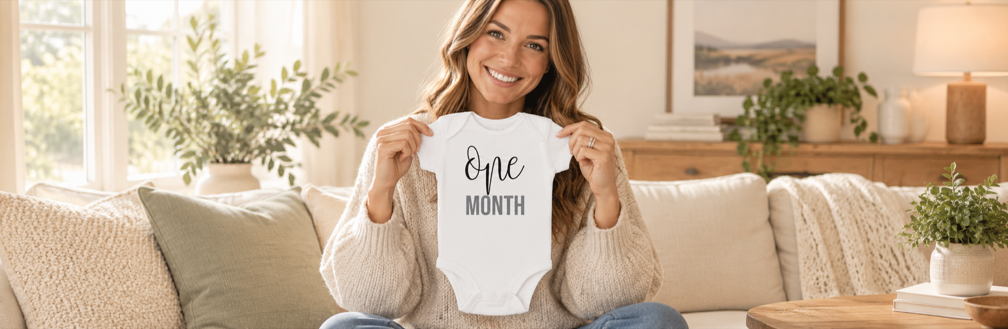 A smiling mom holding a white One Month baby onesie